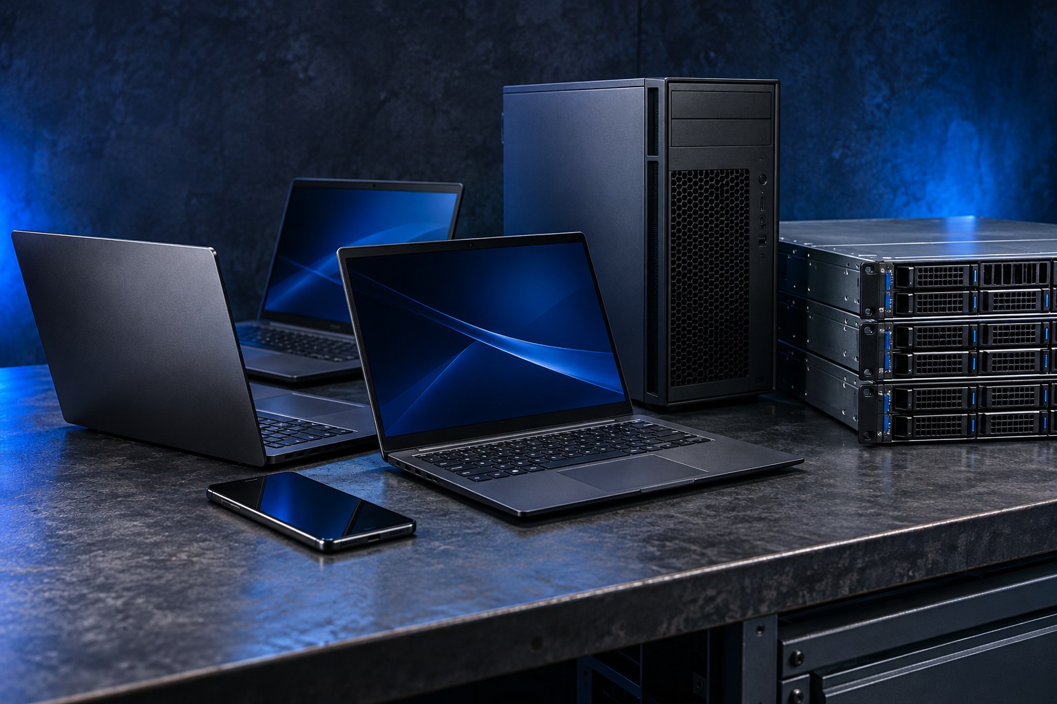Business laptops, a mobile phone and enterprise hardware on an industrial workbench